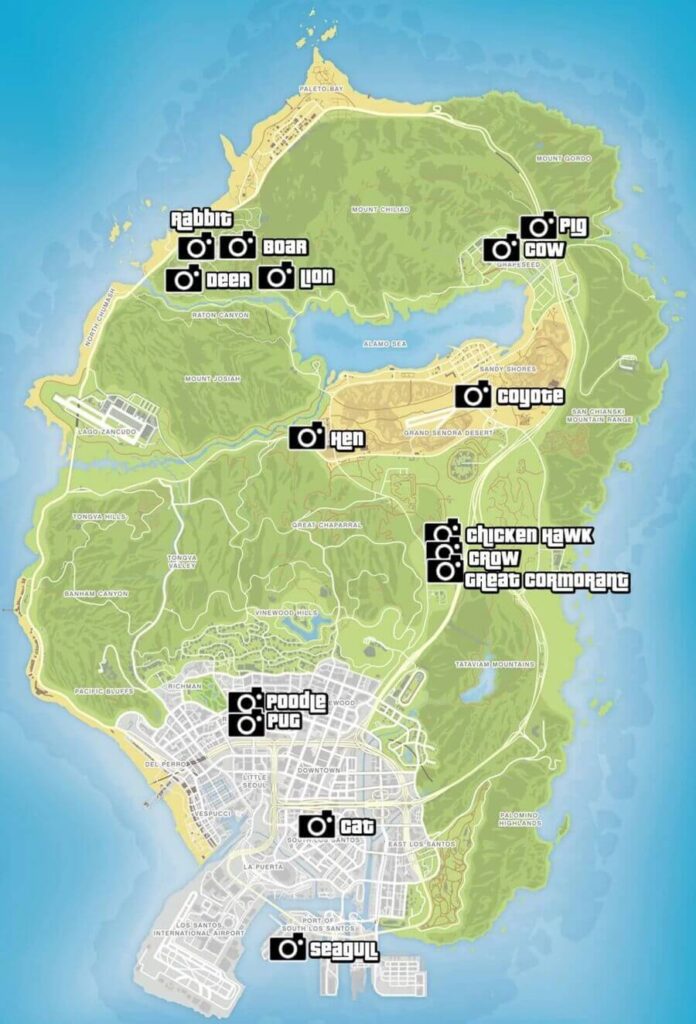 mapa localização dos animais Desafio de Fotografia de Vida Selvagem no GTA 5